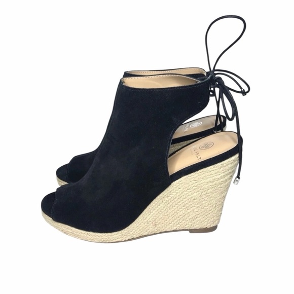 Laurie Felt Suede Wedge Espadrille Women's 11M Black Lace Back Peep Toe Boho - Picture 3 of 9